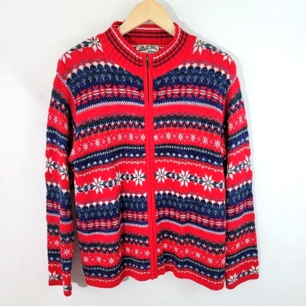 VTG Heirloom Collectibles Red Full Zip Christmas Sweater Sz M Holidays Festive